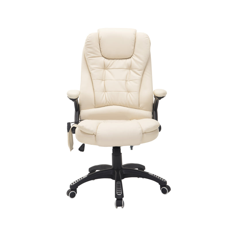 Beige faux leather high-back executive chair with six massage points, padded armrests and swivel wheels