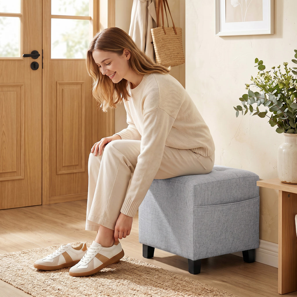 Square Footstool, Small Ottoman with Side Pocket, Linen Fabric Footrest Foot Stool with Rubber Wood Legs and Padded Seat for Living Room, Bedroom, Entryway, 35 x 35 x 35cm, Light Grey