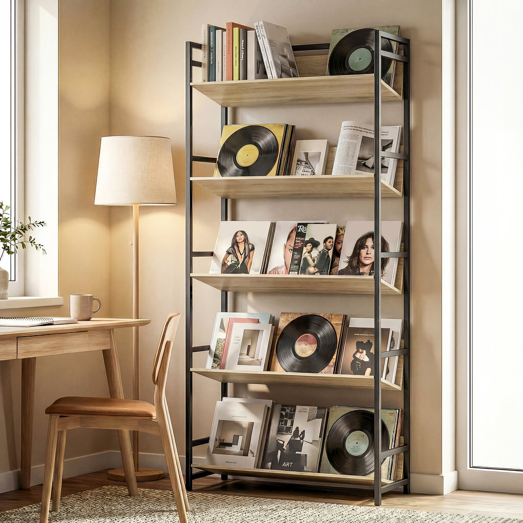 Bookshelf 5-Tier Metal Frame Bookcase Storage Shelves for Living Room Oak