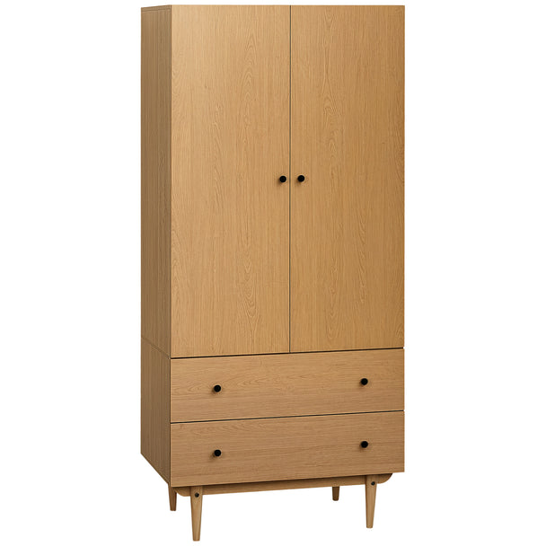 Natural wood-effect double wardrobe with two doors, two drawers and pine legs