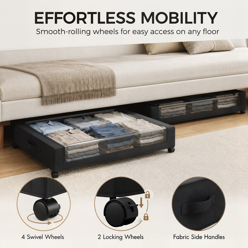 HOMCOM 40L Under Bed Storage On Wheels Pack of 2, Fabric Rolling Under Bed Drawers with Clear Lid, Zip, Steel Frame – view 6