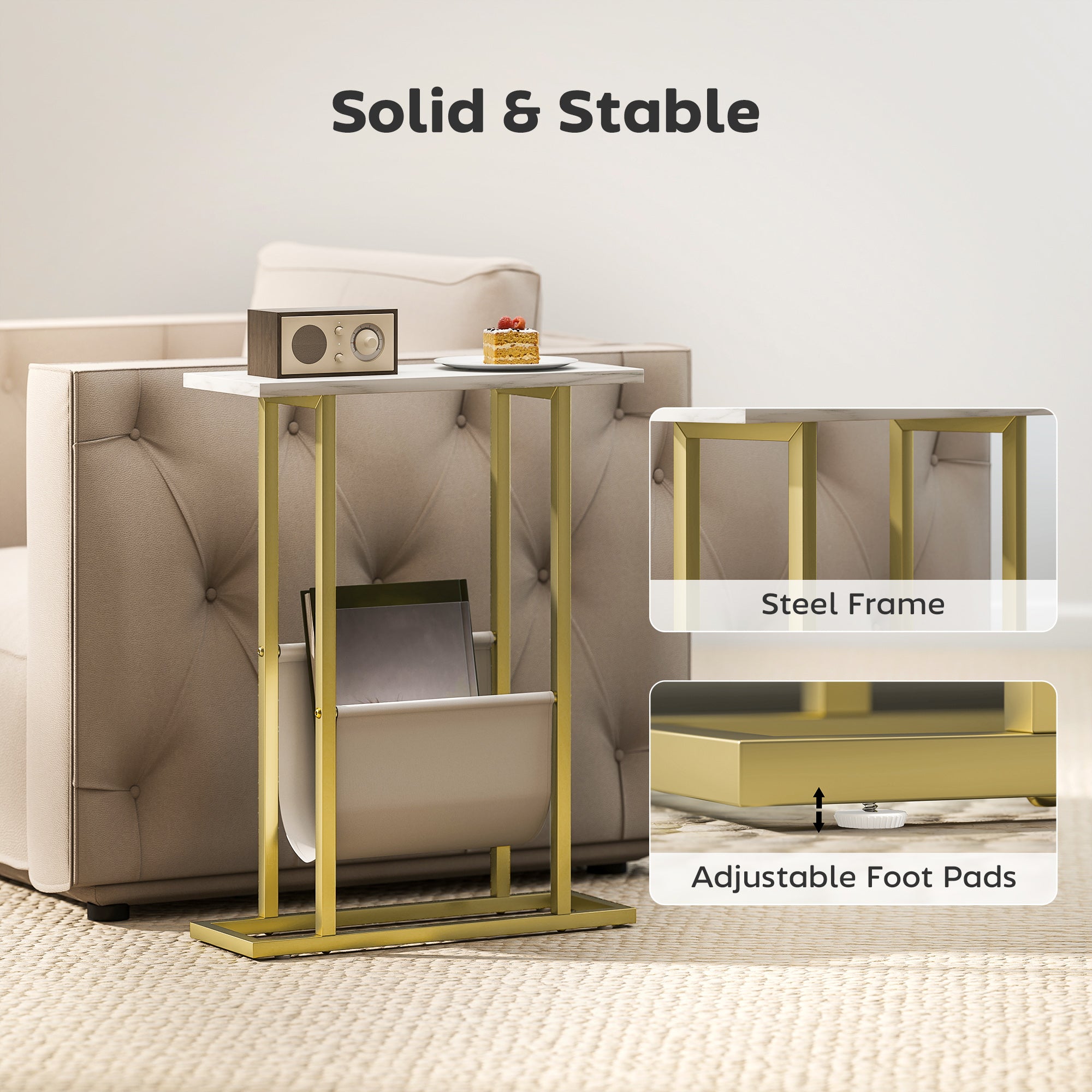 Narrow Side Table, End Table with Magazine Holder, Nightstand for Small Spaces, Living Room, Bedroom, White Marble Grain