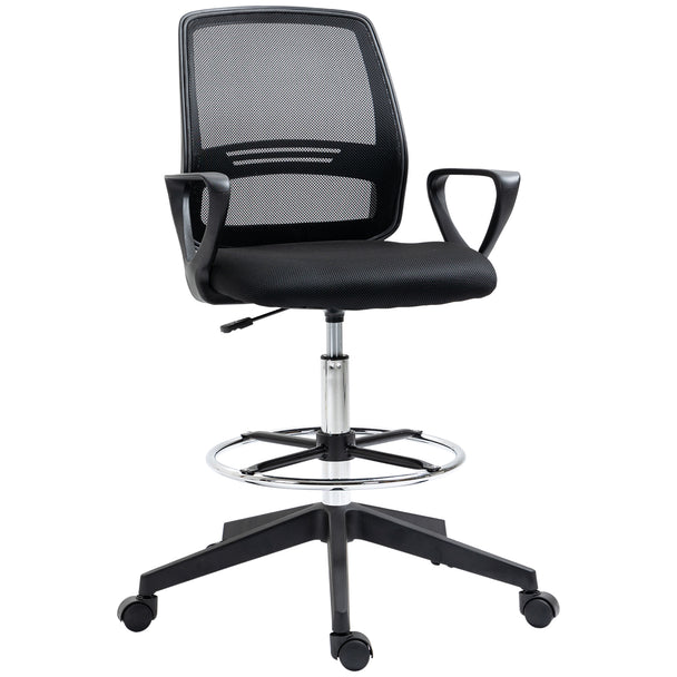Black tall mesh drafting chair with curved backrest, armrests, metal foot ring and five castor wheels