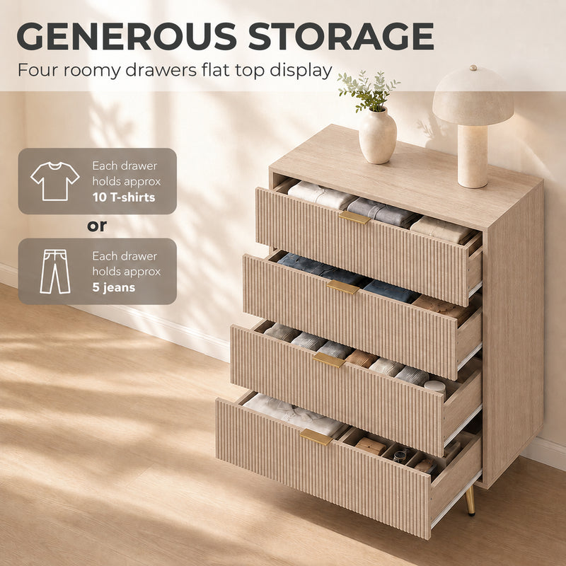 HOMCOM Bedroom Chest of Drawers with 4 Drawers, Fluted Dresser with Gold Tone Handles, Storage Cabinet, Natural – view 5