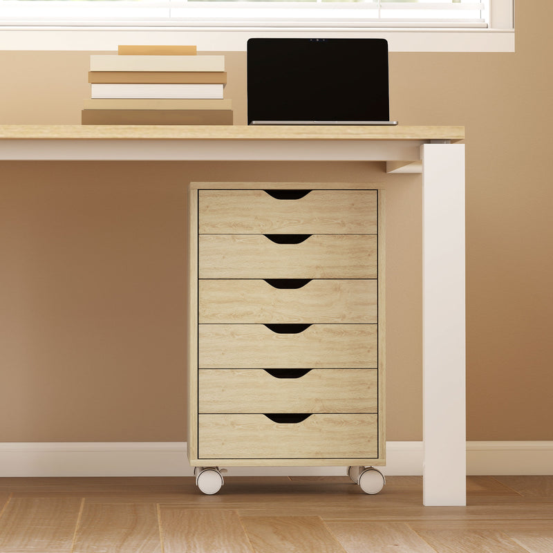 HOMCOM 6 Drawer Vertical File Cabinet, Mobile Filing Cabinet with Quiet Drawers and Wheels with 2 Brakes, Oak Wood – view 9