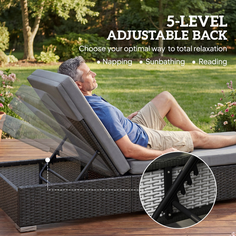 Outsunny Rattan Sun Loungers Set of 2 with Side Table, Garden Recliner Sunbeds with Adjustable Back, Cushions, Dark Grey – view 4