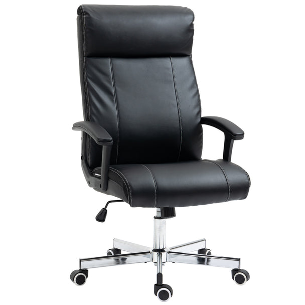 Black faux leather high-back massage office chair with padded armrests on a chrome five-wheel base
