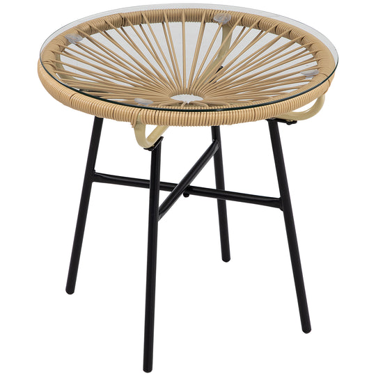 Round beige rattan side table with vine-wrapped base, black frame and glass top
