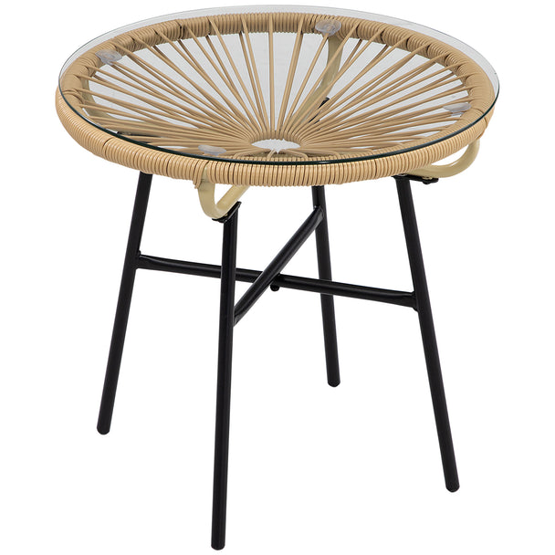 Round beige rattan side table with vine-wrapped base, black frame and glass top