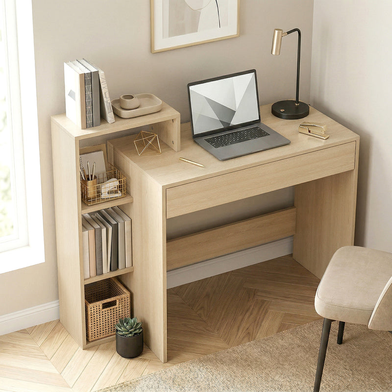 HOMCOM Desk with Storage, Computer Desk with 3 Open Shelves and Drawer, Workstation, Computer Table, Natural – view 2