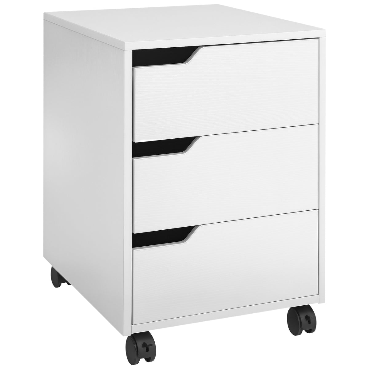 White 3-drawer mobile filing cabinet on four wheels with cut-out handles and flat top