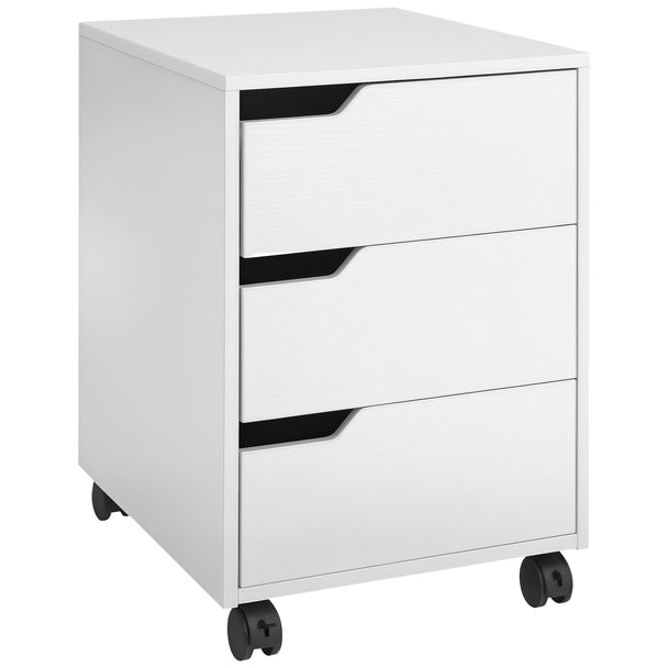 White 3-drawer mobile filing cabinet on four wheels with cut-out handles and flat top