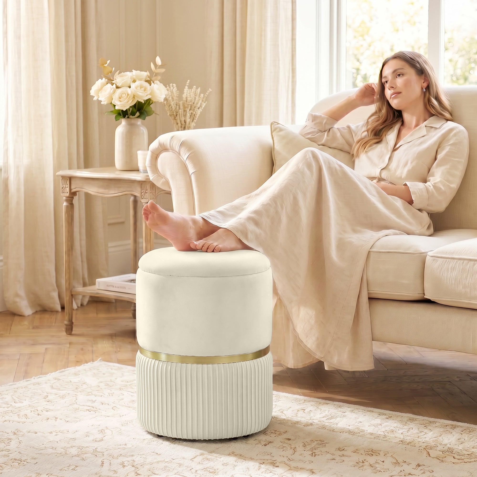 Round Storage Stool, Velvet-feel Fabric Upholstered Vanity Stool with Removable Top, Padded Seat and Hidden Space, Beige