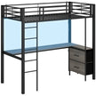 Black metal single high sleeper bed with full-length desk, drawers, ladder and RGB LED strip