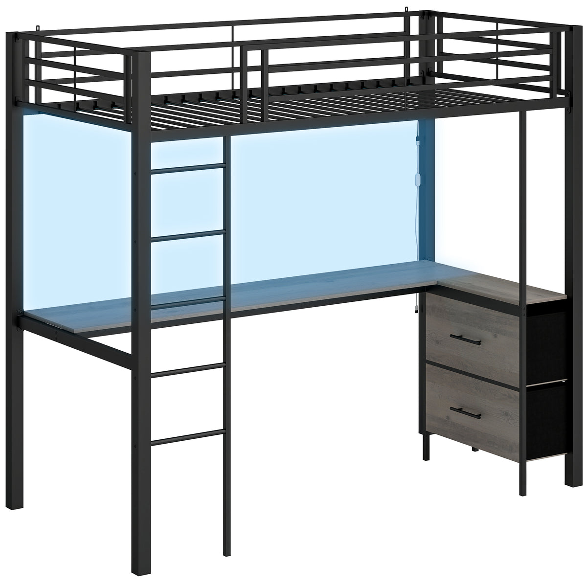Black metal single high sleeper bed with full-length desk, drawers, ladder and RGB LED strip