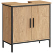 Oak-effect under sink vanity unit with two doors and black steel frame