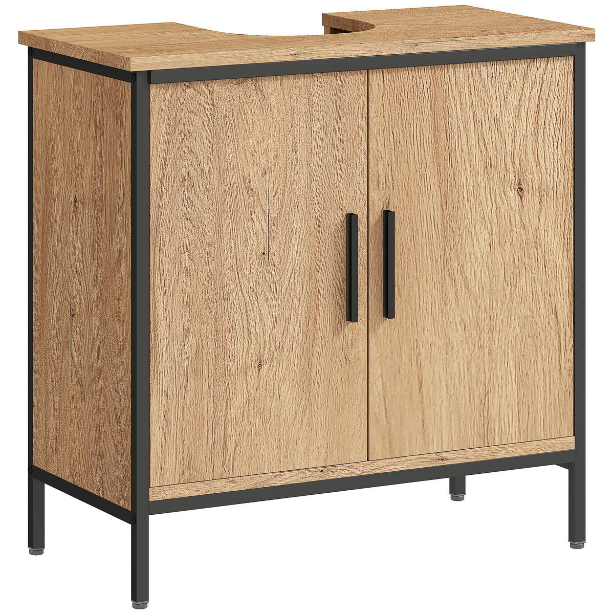 Oak-effect under sink vanity unit with two doors and black steel frame