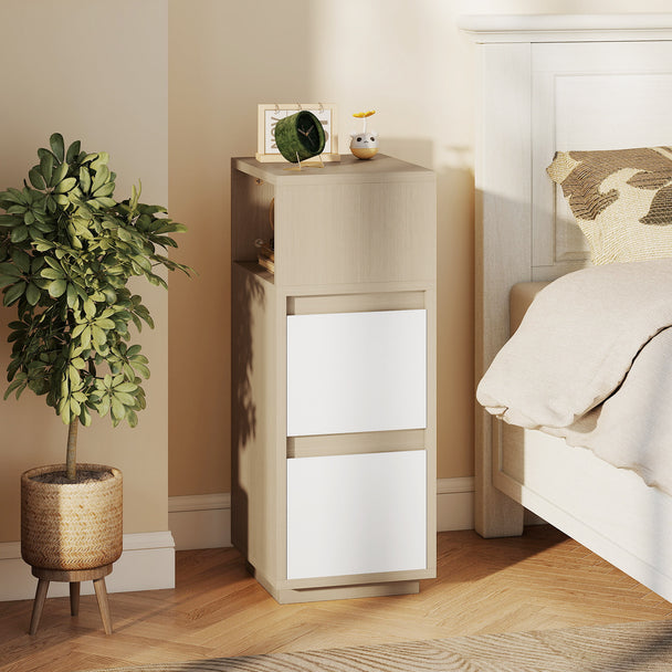 HOMCOM Slim Bedside Table, Narrow Bedside Cabinet with Open Shelf and 2 Drawers for Bedroom, Living Room, Natural Wood – view 2