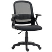 Black mesh swivel office chair with flip-up armrests and curved padded back