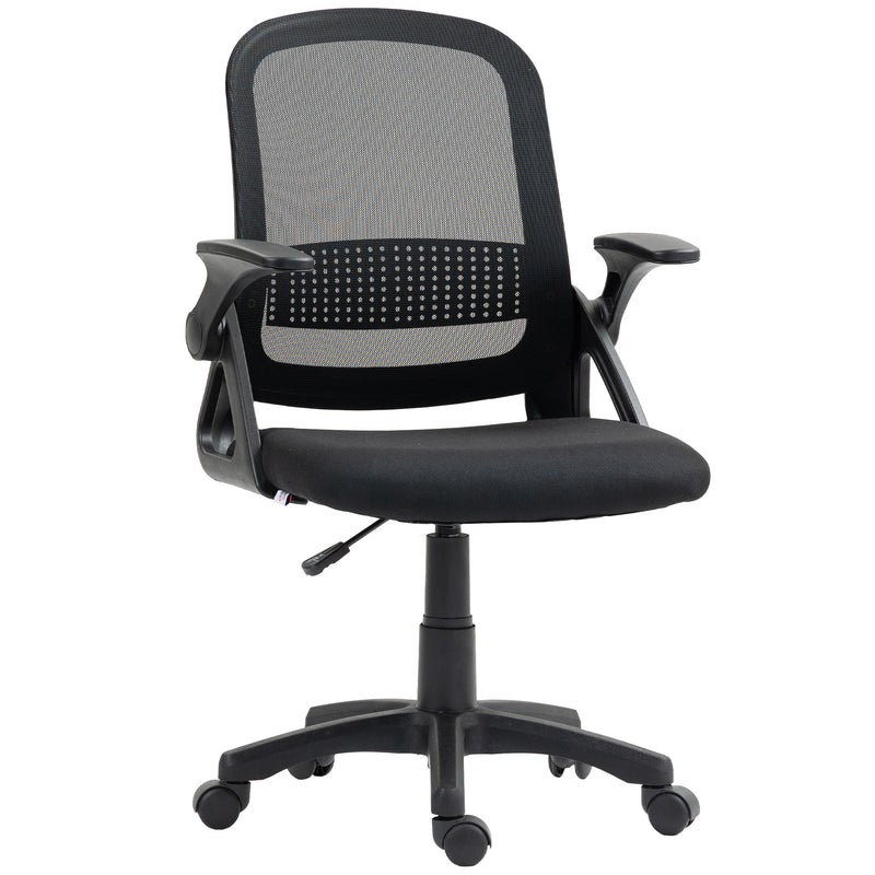 Black mesh swivel office chair with flip-up armrests and curved padded back