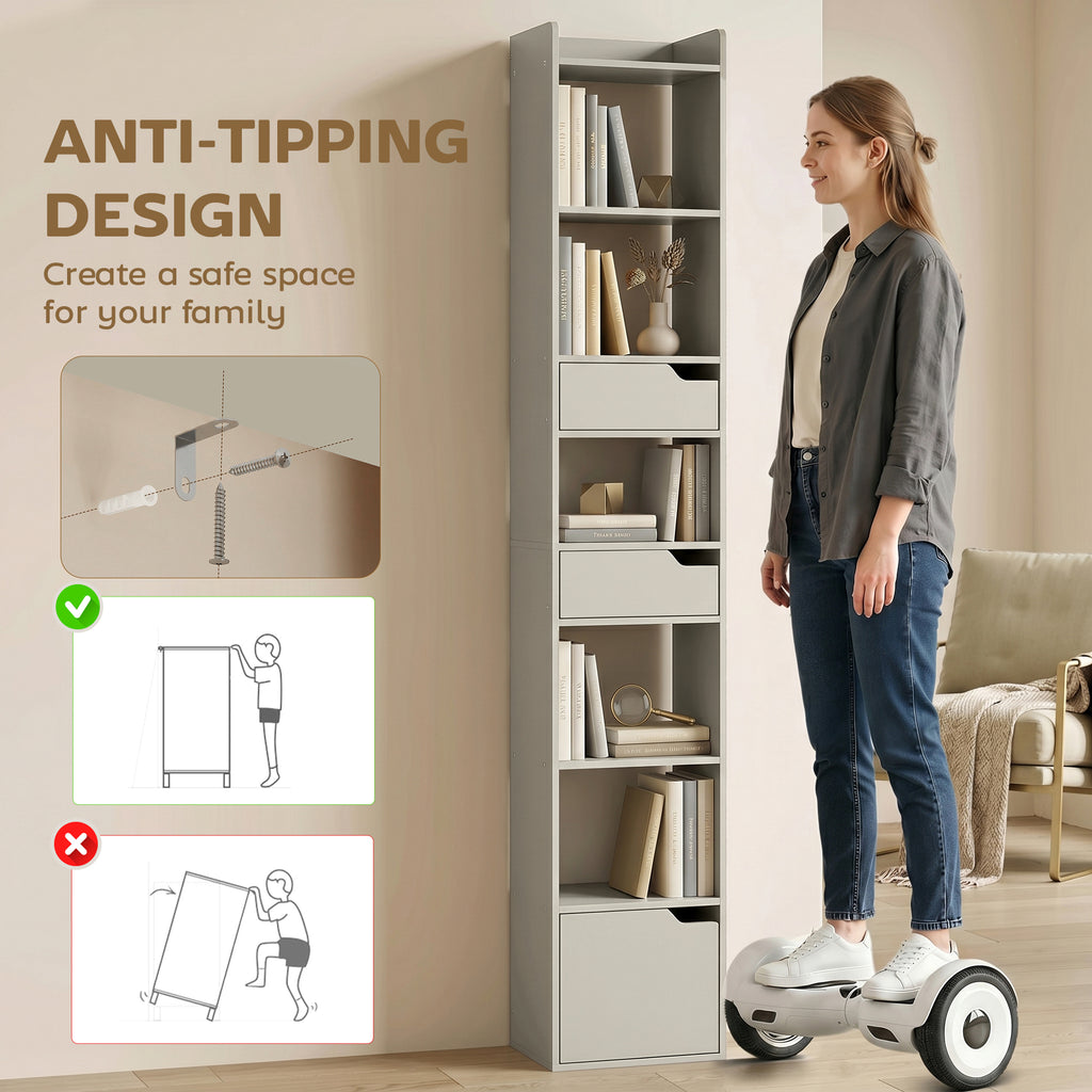 Bookcase Tall Narrow with 5 Tiers and Drawers Freestanding Bookshelf Storage Cabinet for Living Room Grey