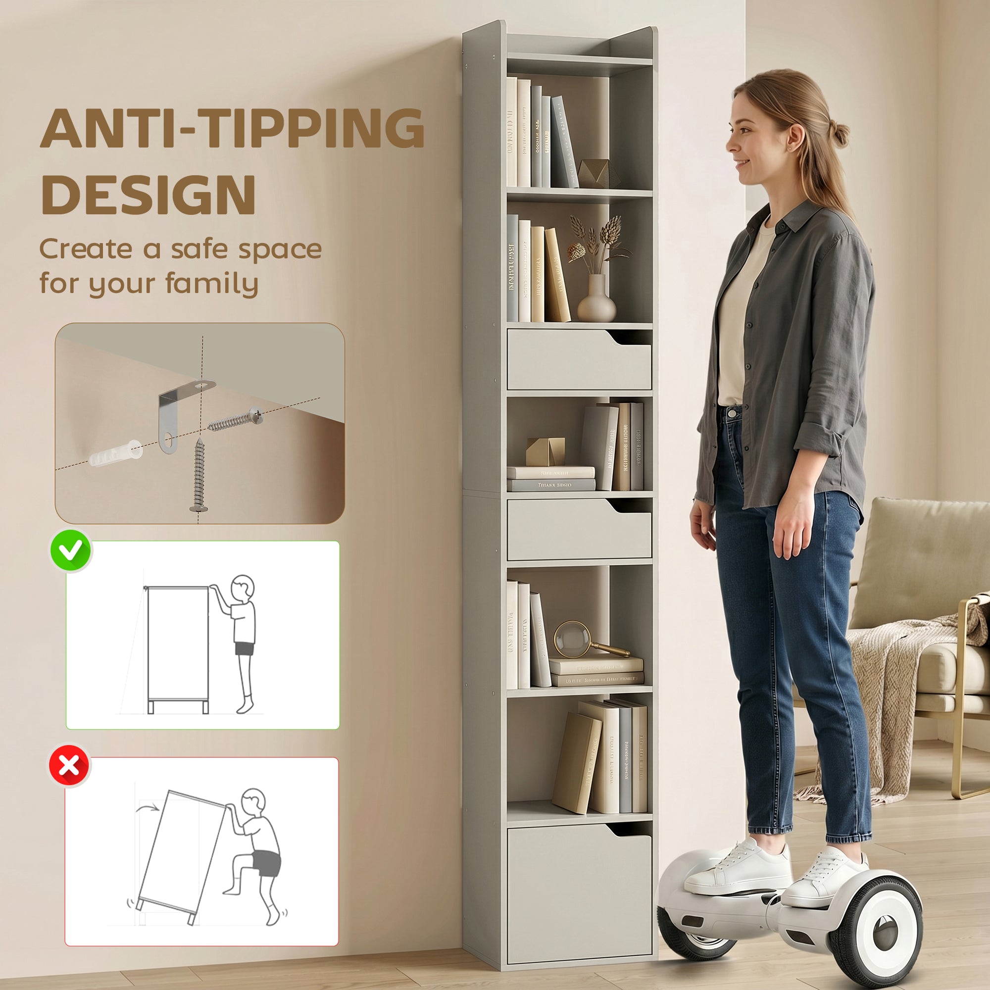 Bookcase Tall Narrow with 5 Tiers and Drawers Freestanding Bookshelf Storage Cabinet for Living Room Grey