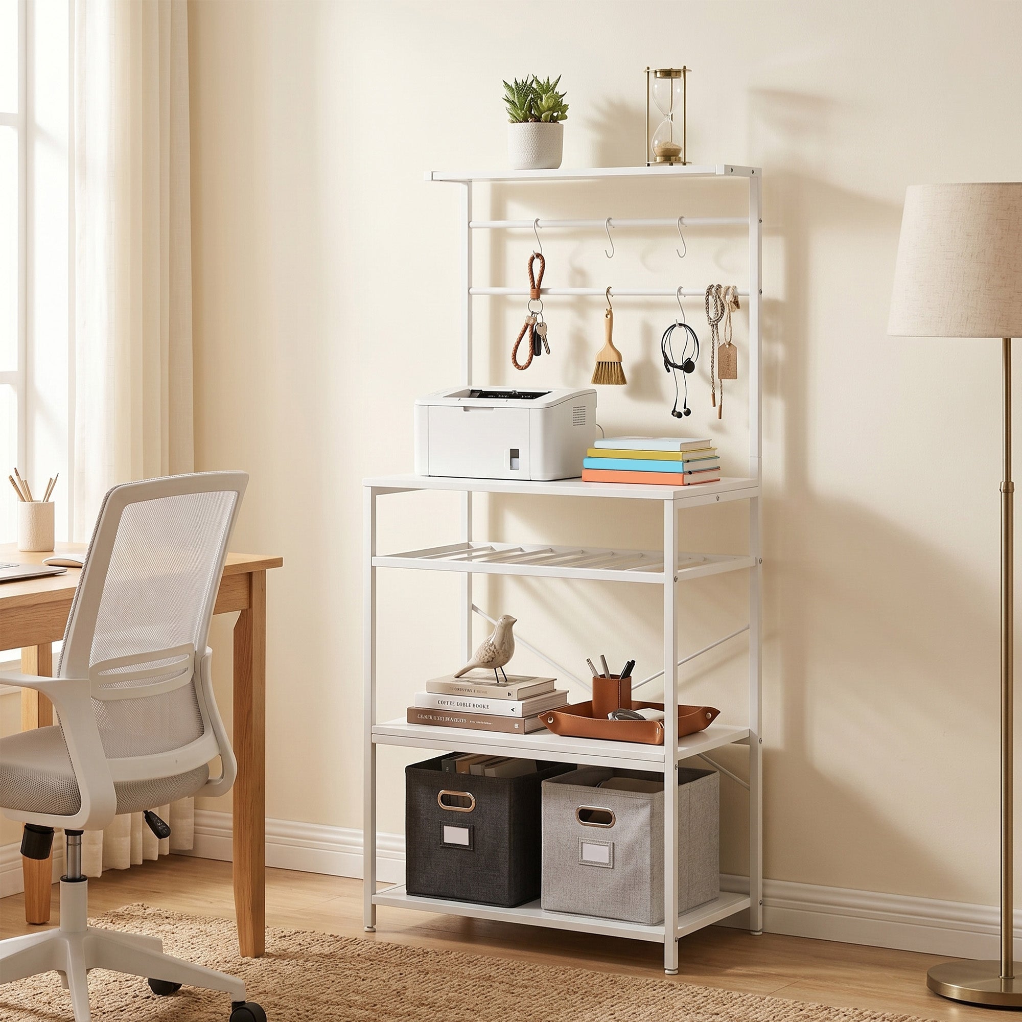 Freestanding Shelving Unit, Industrial Storage Shelf with 6 Hooks and Wine Rack for Living Room, Home Office, White