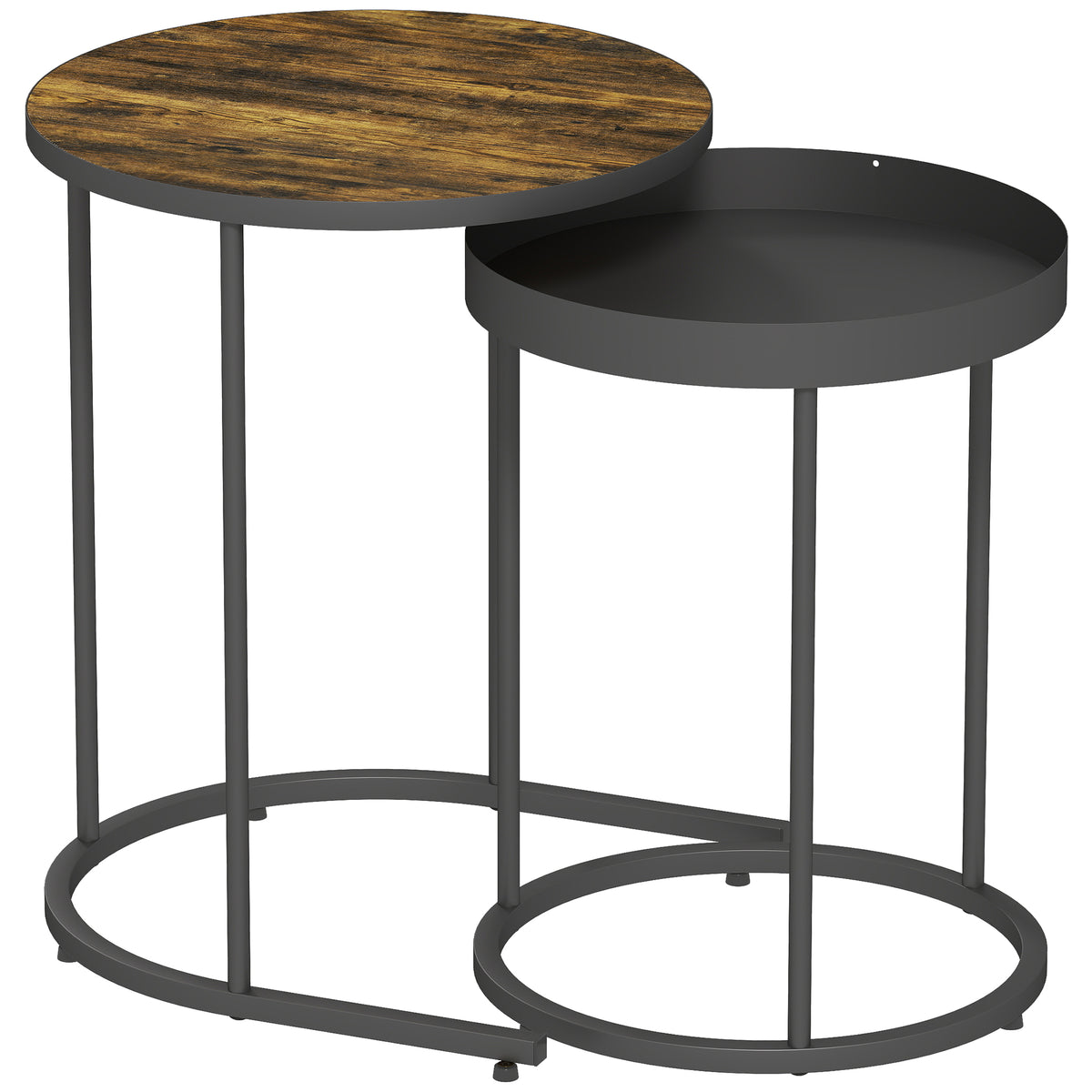 Set of 2 Industrial Round Nesting Side Tables – Rustic Brown & Black
