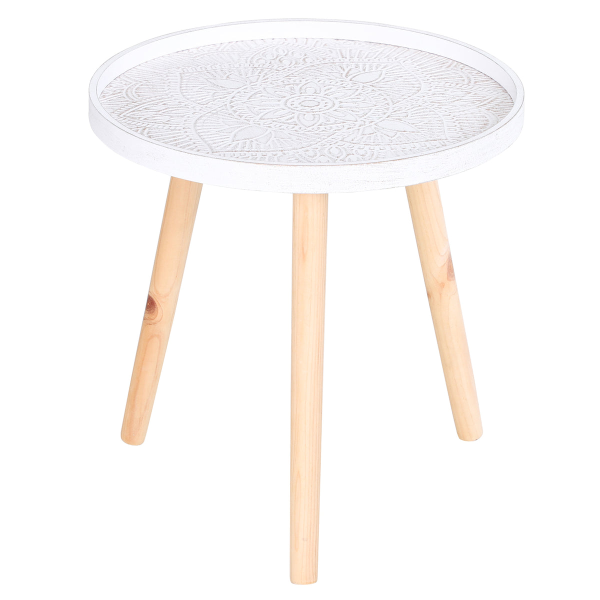 40 cm Round Floral Side Table with Raised-Edge Top – White