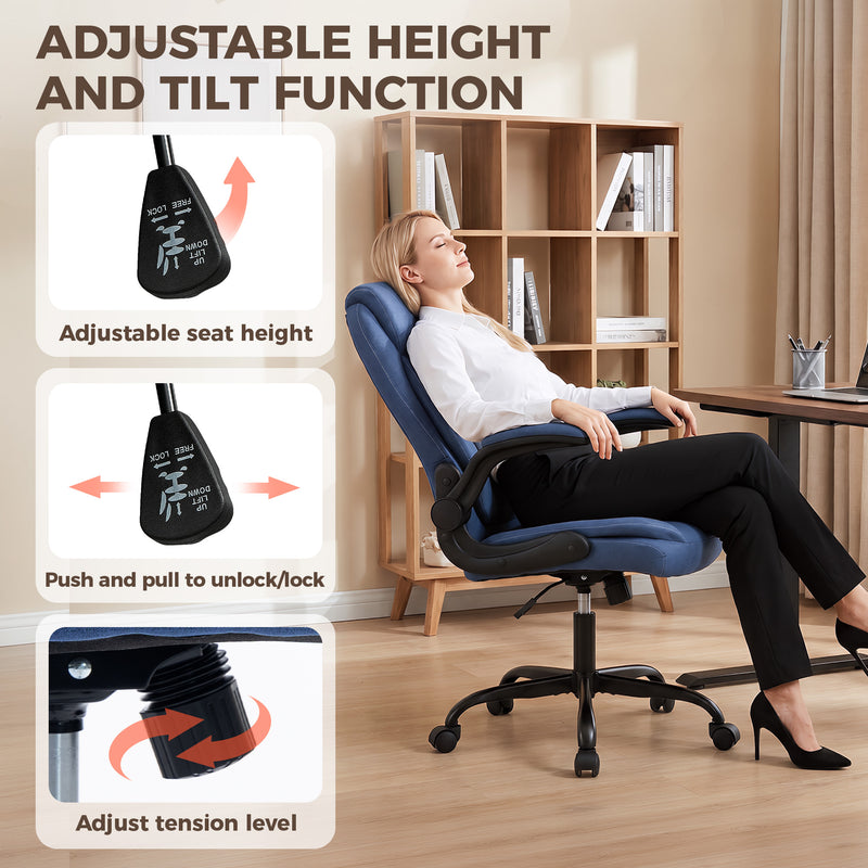 HOMCOM Linen-Look Computer Desk Chair, Executive Office Chair with Flip-Up Armrests and Thick Cushion, Blue – view 6