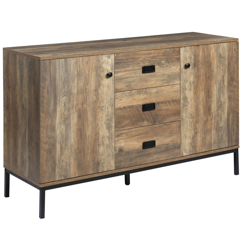 Mango wood-effect 120 cm sideboard with three drawers, two cupboards and black metal legs