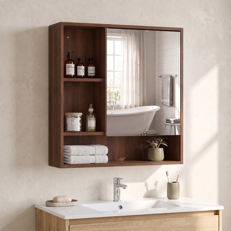HOMCOM Bathroom Mirror Cabinet, Wall-Mounted Bathroom Cabinet with Mirror Door, Adjustable Shelves, Walnut Brown – view 9