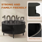 Coffee Table with Lift Top and Hidden Storage, Round Centre Table with Fluted Sliding Door, 80 cm, Black Wood Effect