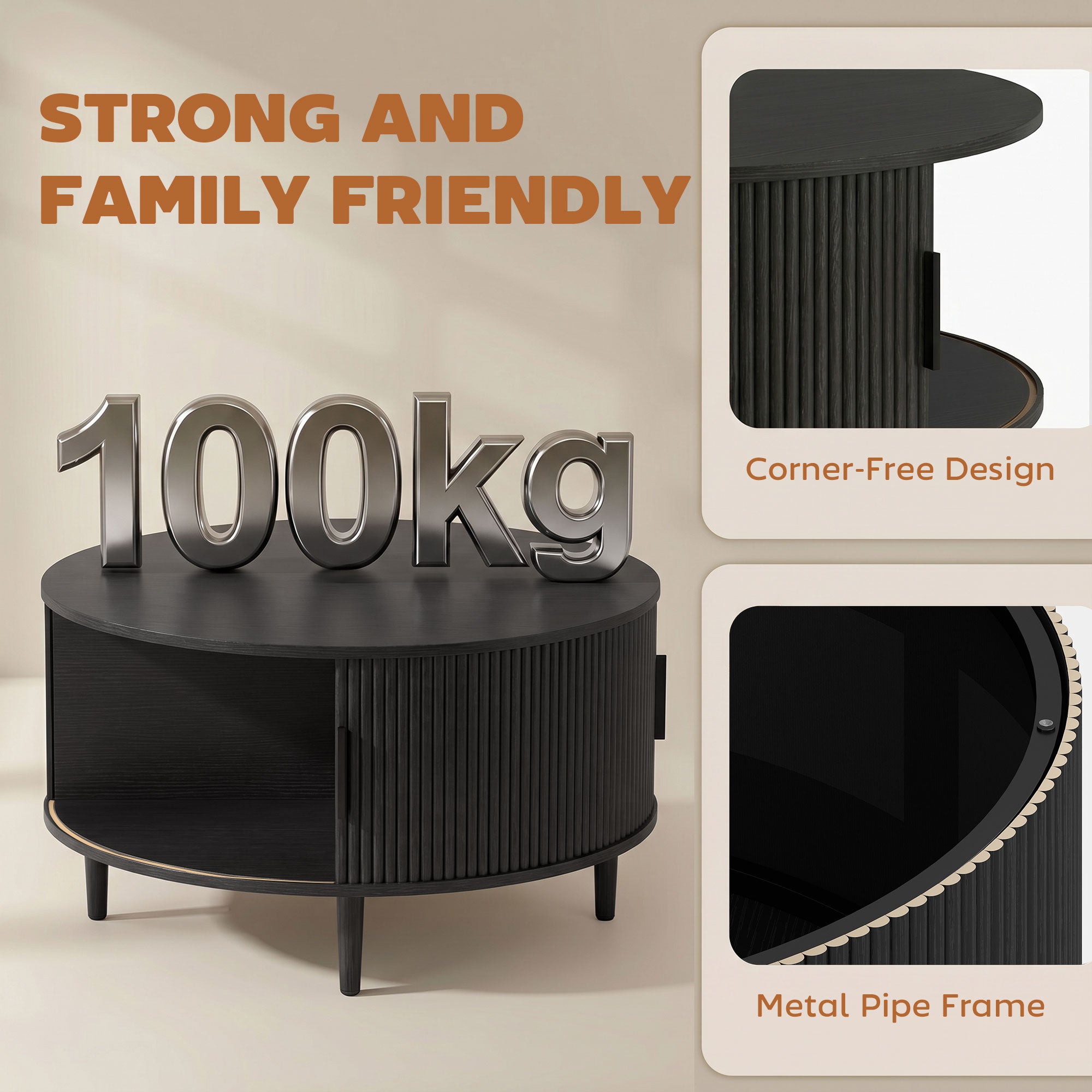 Coffee Table with Lift Top and Hidden Storage, Round Centre Table with Fluted Sliding Door, 80 cm, Black Wood Effect