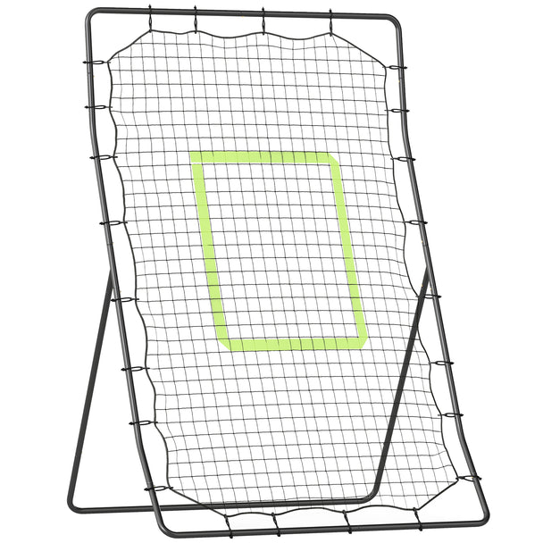 Black baseball and softball rebounder net with green strike zone on a steel frame
