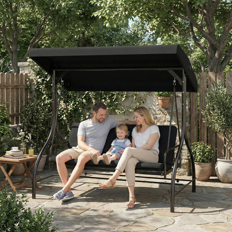 Outsunny 3 Seater Canopy Swing Chair, 2 in 1 Garden Swing Seat Bed, with Adjustable Canopy and Metal Frame, Black – view 9