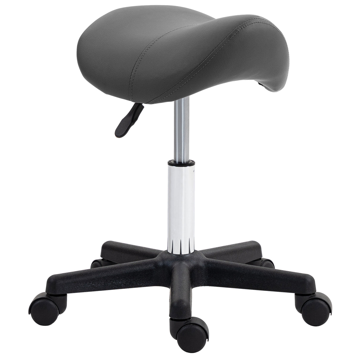 Grey curved PU leather salon stool with thick padded seat and five wheels