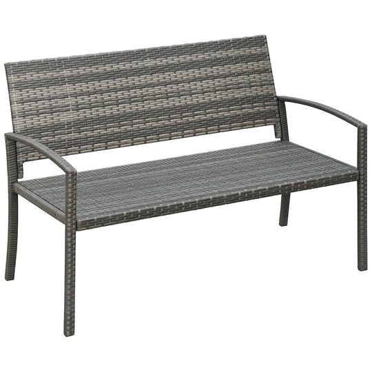 Grey PE rattan 2-seater garden bench with metal frame, high back and armrests