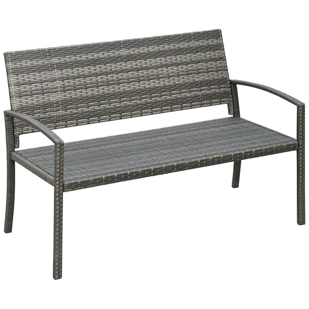 Grey PE rattan 2-seater garden bench with metal frame, high back and armrests