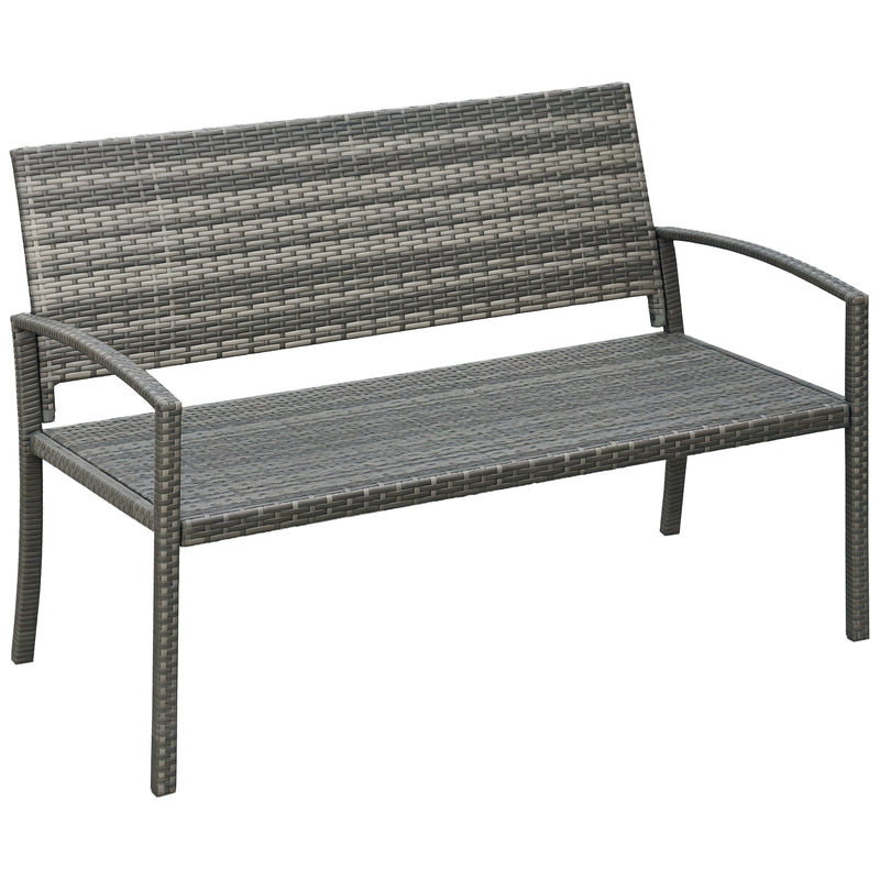 Grey PE rattan 2-seater garden bench with metal frame, high back and armrests