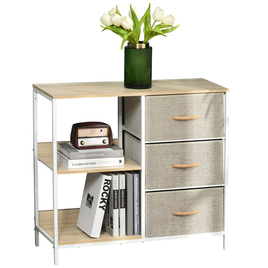 Beige and white storage unit with three fabric drawers and two open shelves on a steel frame