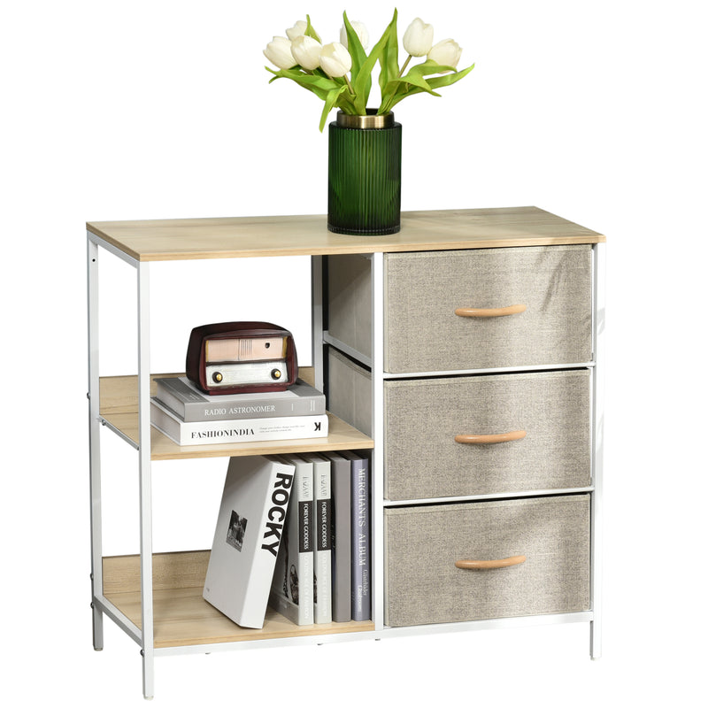 Beige and white storage unit with three fabric drawers and two open shelves on a steel frame