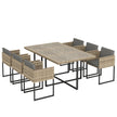 Outsunny 7 Piece Rattan Garden Furniture Set, Garden Dining Set with Wood-Plastic Table and 6 Stackable Chairs, Light