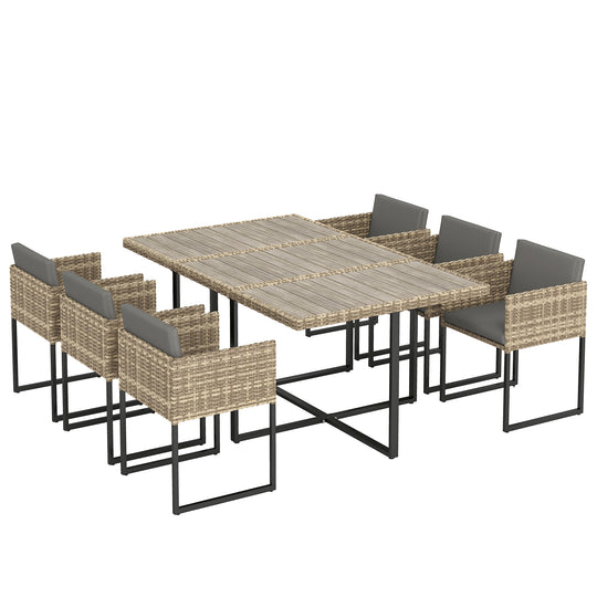 Outsunny 7 Piece Rattan Garden Furniture Set, Garden Dining Set with Wood-Plastic Table and 6 Stackable Chairs, Light