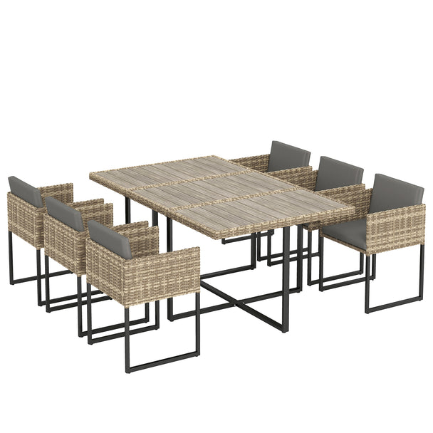Outsunny 7 Piece Rattan Garden Furniture Set, Garden Dining Set with Wood-Plastic Table and 6 Stackable Chairs, Light