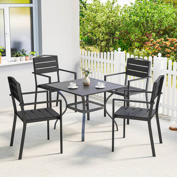 Outsunny Stackable Garden Chairs Set of 4, Garden Dining Chairs with Slatted HDPE Seat Back, Armrests, Metal Frame – view 2