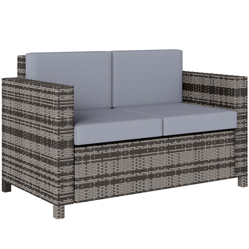 Mixed grey 2-seater rattan garden sofa with grey padded cushions
