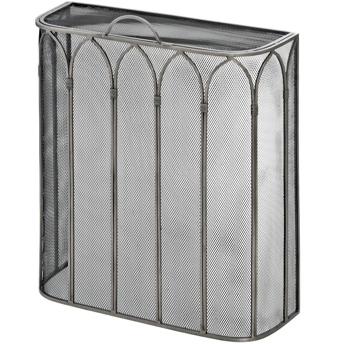 Gothic arch fire screen in antique pewter, angled view