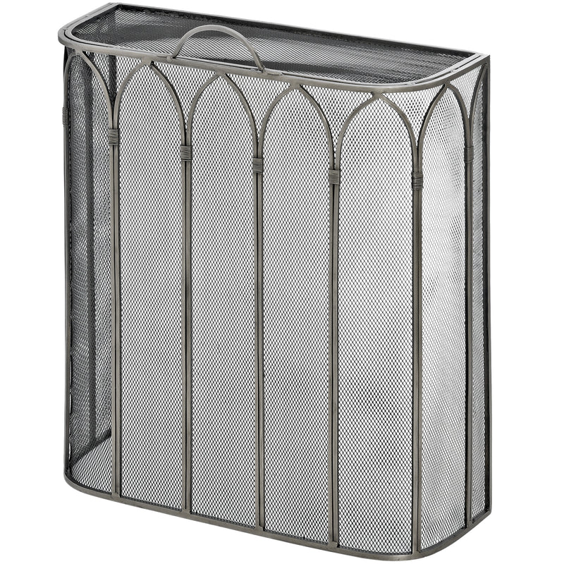 Gothic arch fire screen in antique pewter, angled view