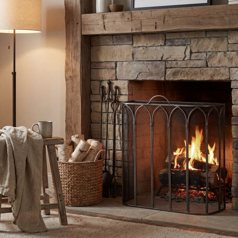 Gothic arch fire screen in front of a lit stone fireplace